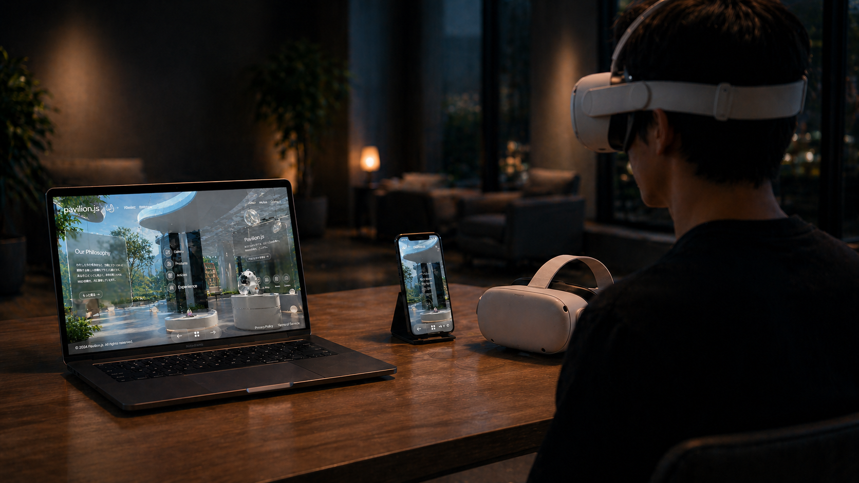 ノートパソコン、スマートフォン、VRゴーグルが並ぶデスクと、ゴーグルをつけた人